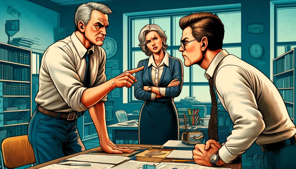 Three people in a school office or classroom_ an older male teacher and an older female teacher criticizing a younger male teacher for giving negative.webp